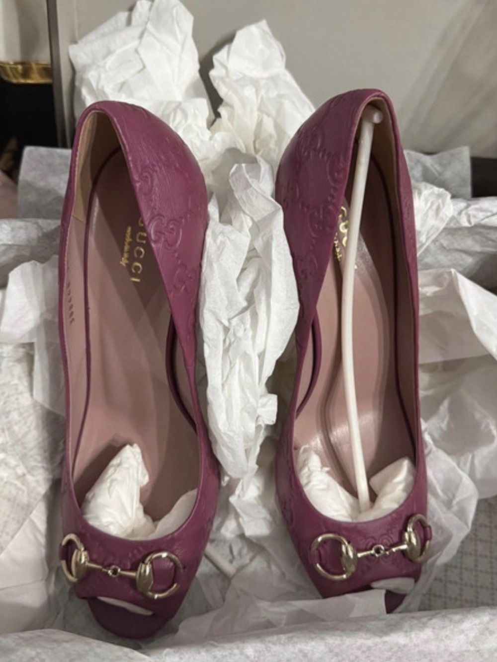 Gucci Mauve Embossed Leather Horsebit Peep-Toe Heels